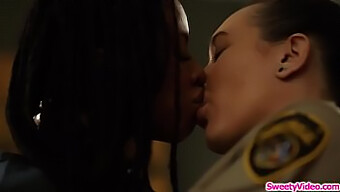 Brunette Guard Pleasured By Ebony Prisoner In Steamy Encounter