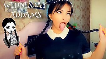 Cosplayer Wednesday Addams Gives A Sloppy Ahegao Deepthroat To Her Lover